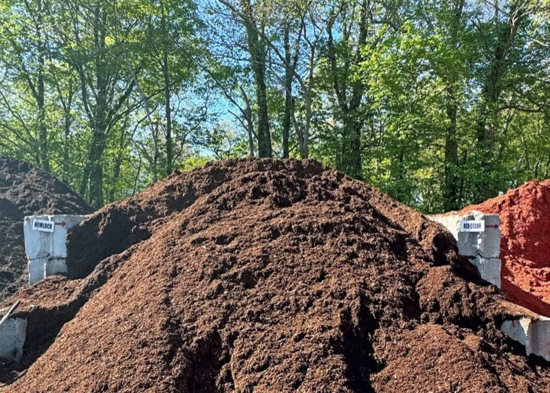 Hemlock and red cedar mulch piles in the landscape supply yard